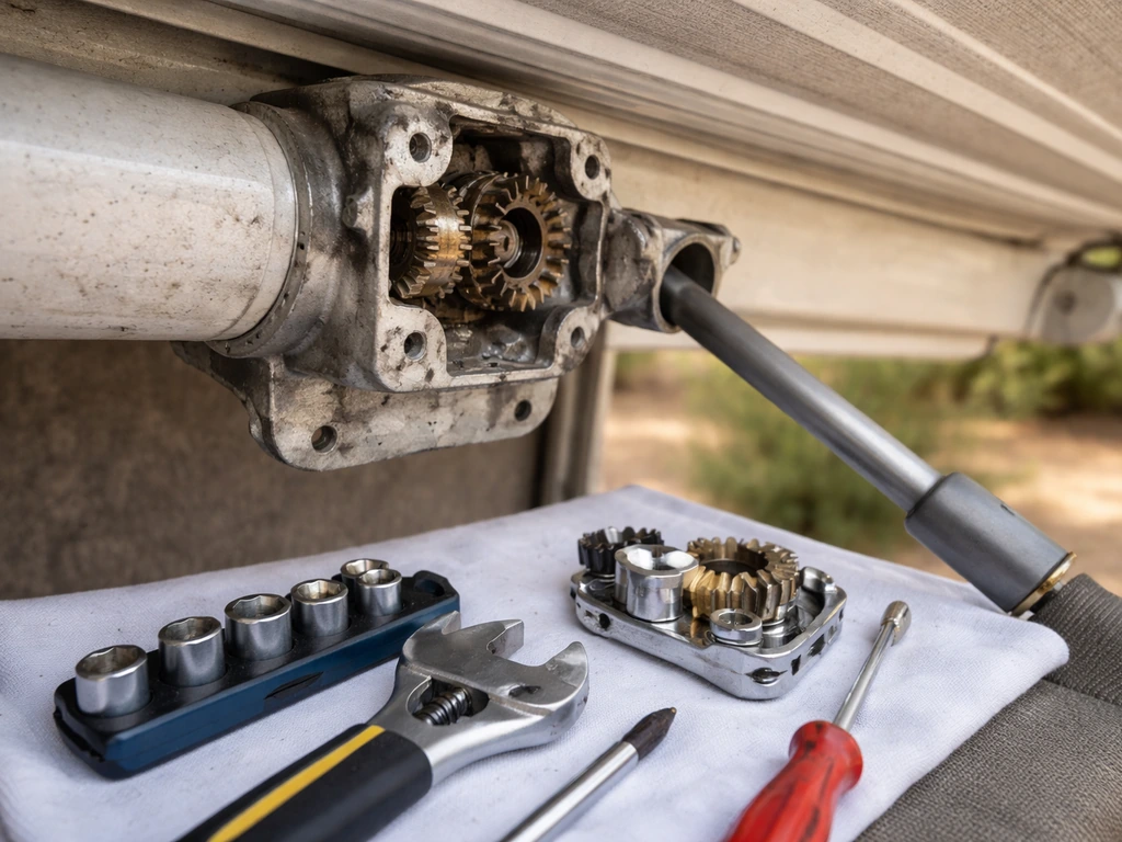 Close-up of a manual awning crank/gear housing with worn gears and replacement parts on a work surface.