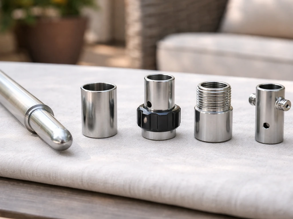 Patio umbrella pole tip and base socket/insert connection types shown side-by-side on a patio table.