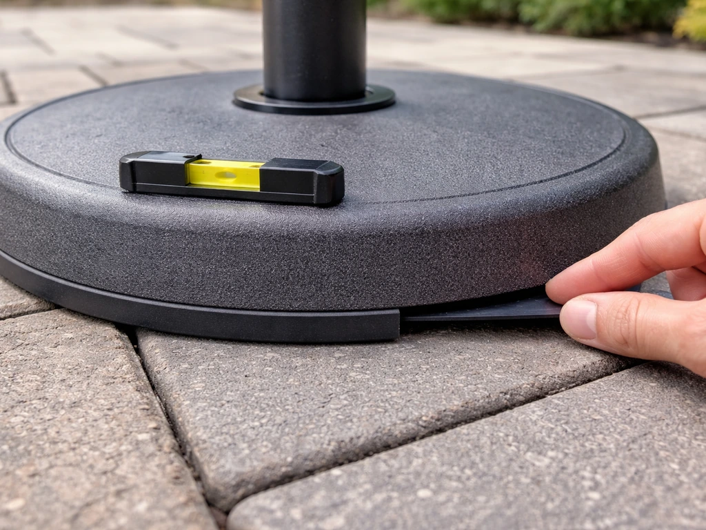 Close-up patio umbrella base on pavers as a level tool checks it sits rock-free.