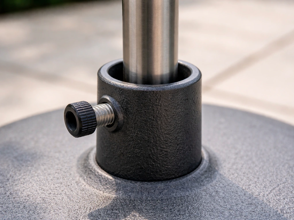 Close-up of an umbrella pole sliding into a base socket with the set screw backed out.