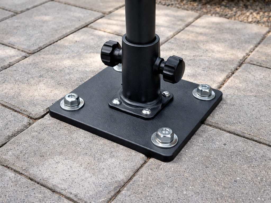 Patio umbrella base anchored to concrete with visible lag bolts for anti-tip stability.