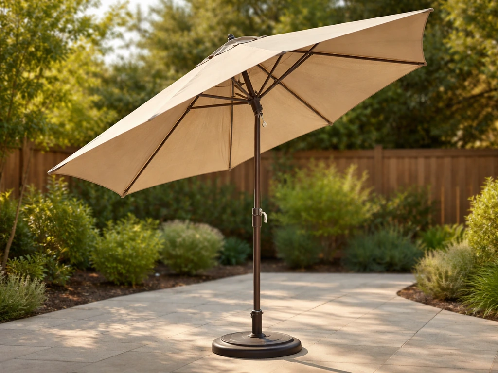 Auto-tilt patio umbrella fully open and tilted on a quiet backyard patio.