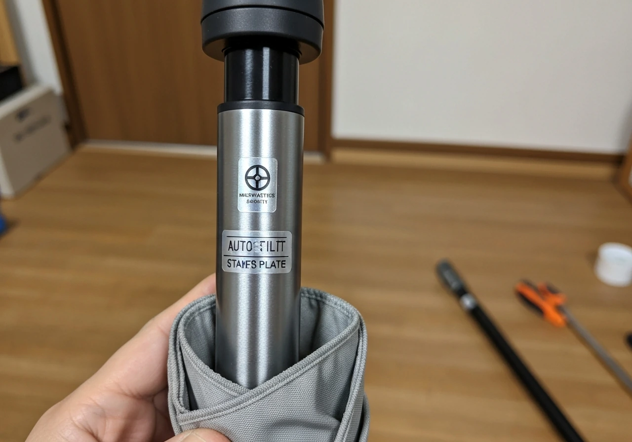 Close-up of an auto-tilt umbrella pole showing the area with a model sticker or stamped plate for identification.