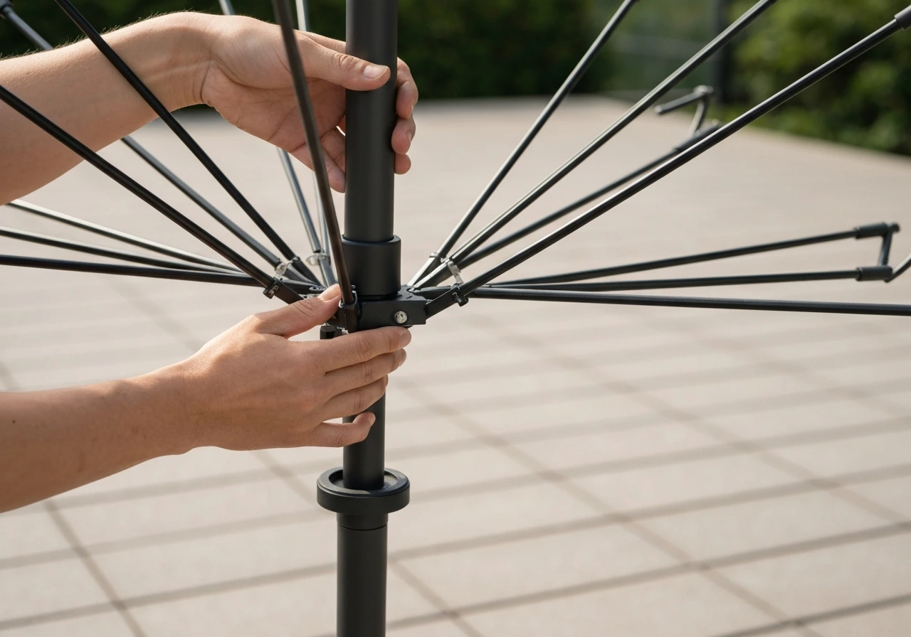 Hands insert the patio umbrella pole into the base and secure it while attaching the canopy ribs.