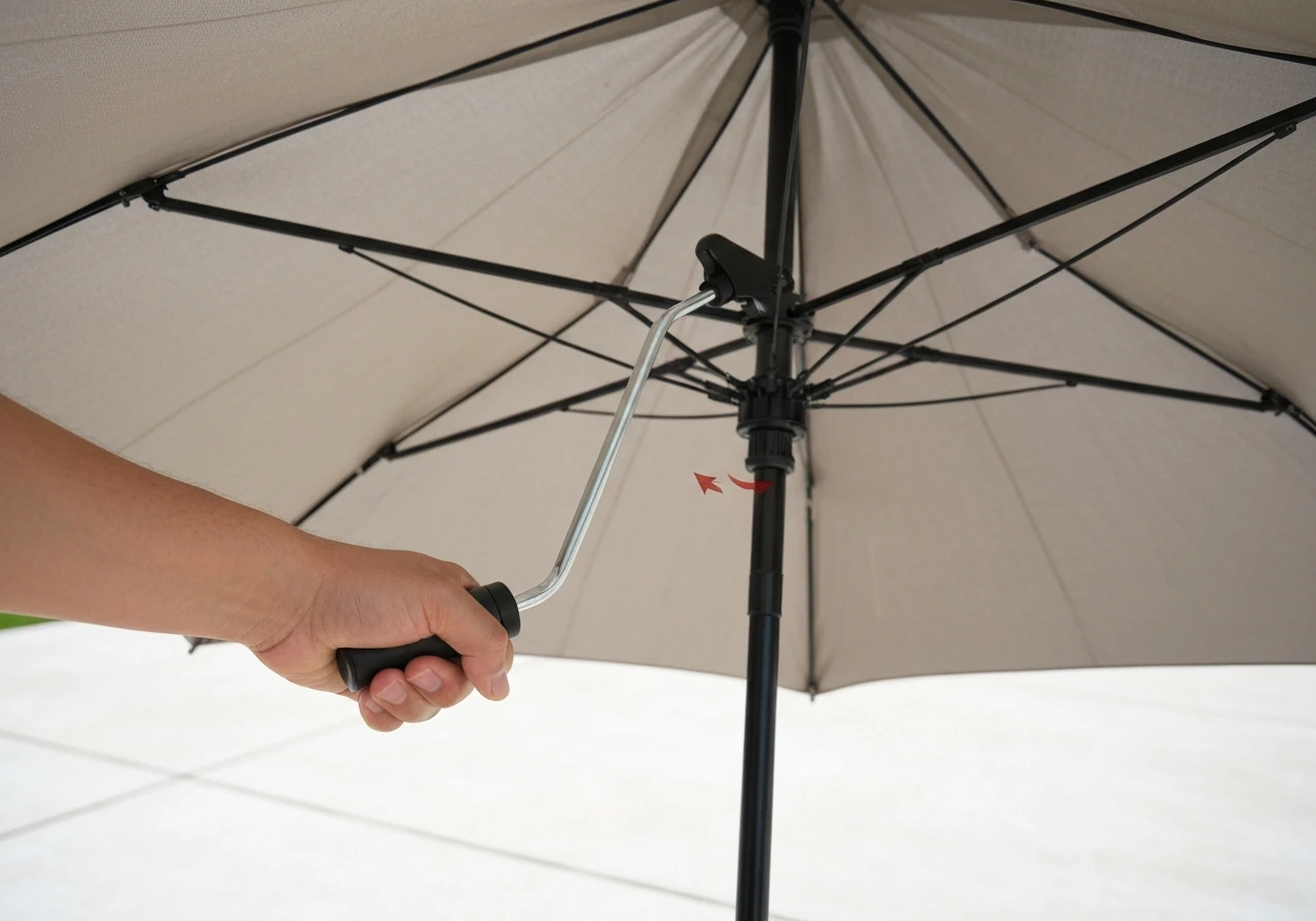 Close-up of a hand cranking an open umbrella as the hub stop ring shifts to engage tilt.