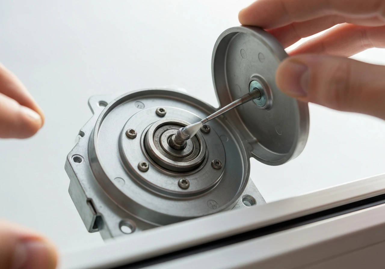 Closeup of an opened tilt housing crank area with the lubrication point being serviced.