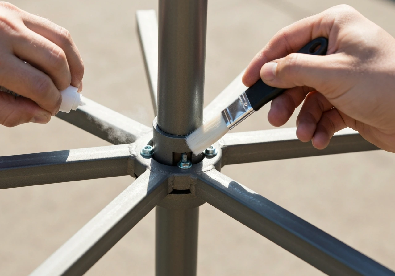 Hand applies PTFE spray or white lithium grease with a small brush to an umbrella tilt pivot joint pin.