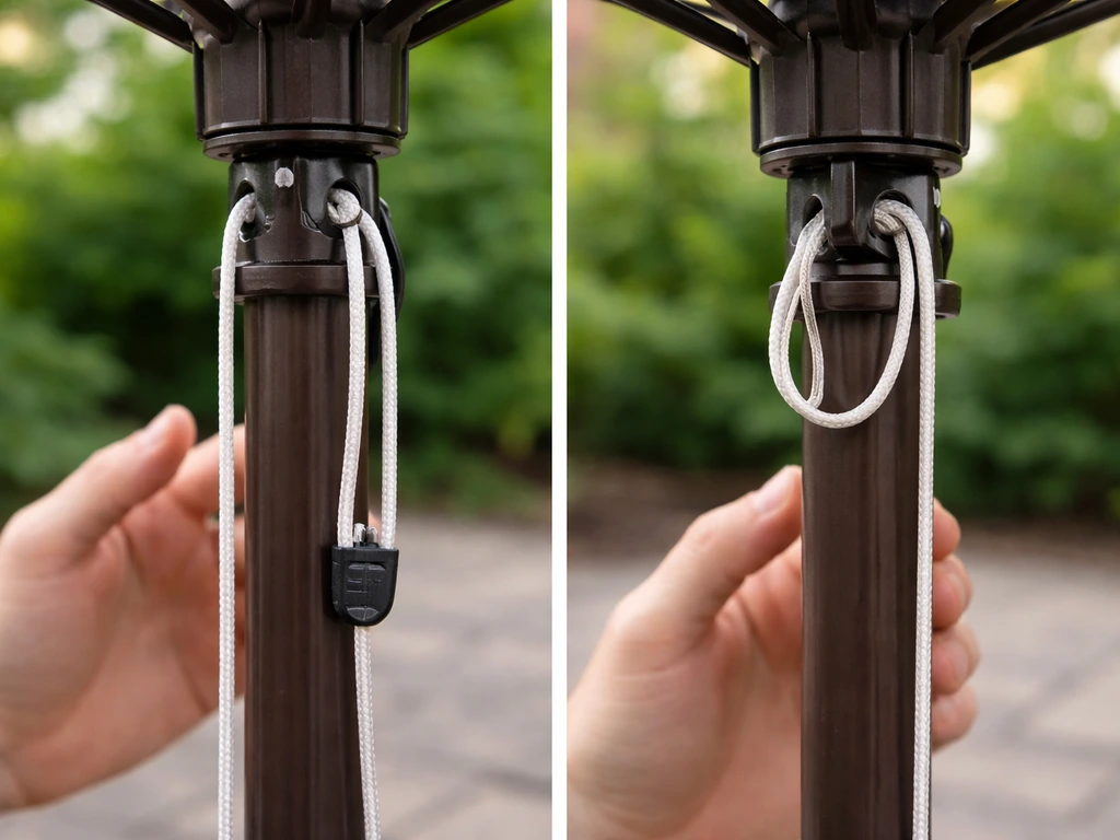 Close-up of patio umbrella pole and cord runner showing a string-and-pulley layout