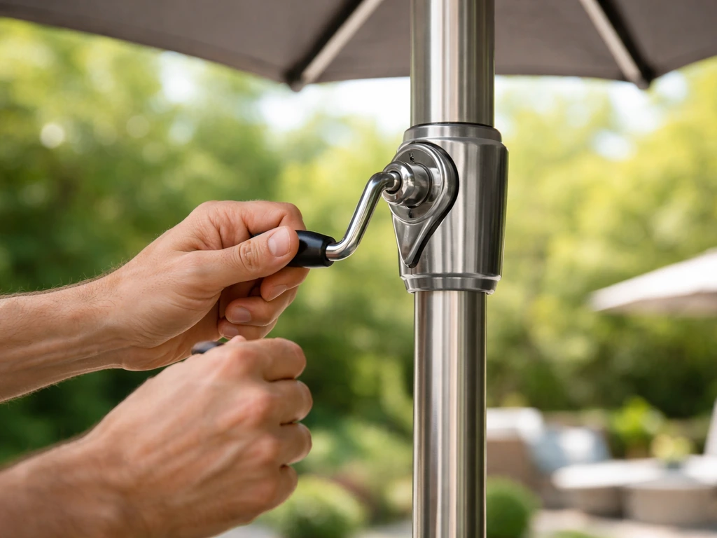 Close-up of a crank handle being inserted and turned on a pole to raise an outdoor umbrella canopy.