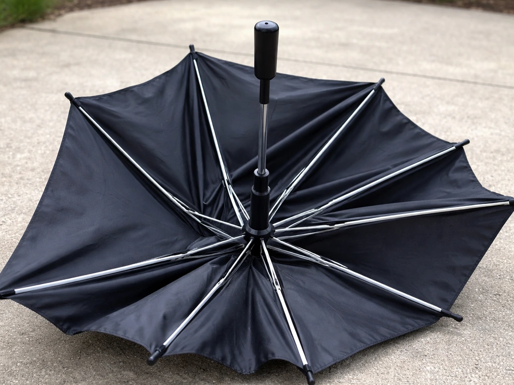 Close-up of an umbrella hub with canopy opening unevenly, some ribs rising slower than others.