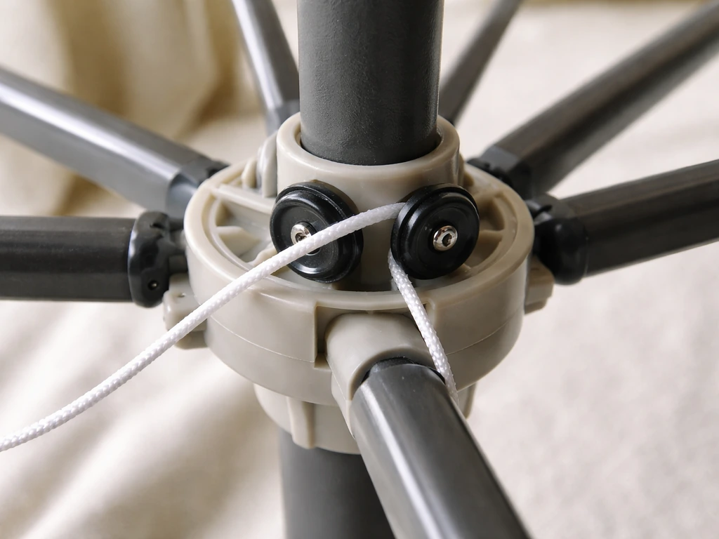 Close-up of an umbrella hub-and-pulley cord routed through guides, shown slightly mis-threaded.