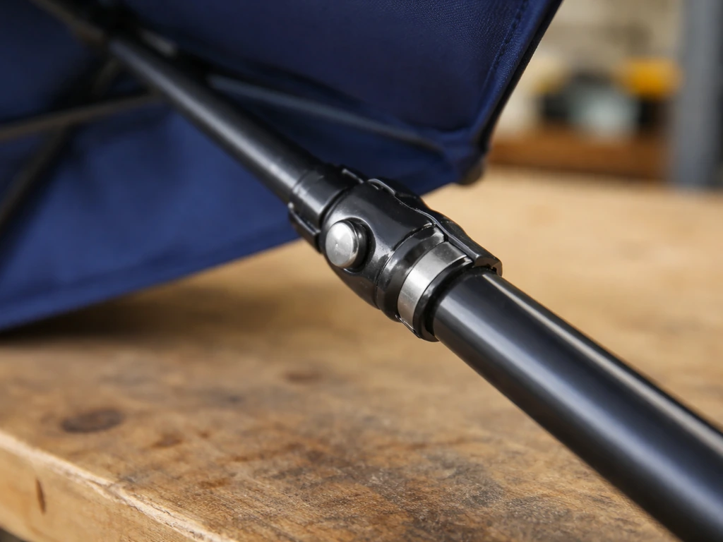Close-up of an umbrella tilt joint and push-button lock appearing jammed on the pole.