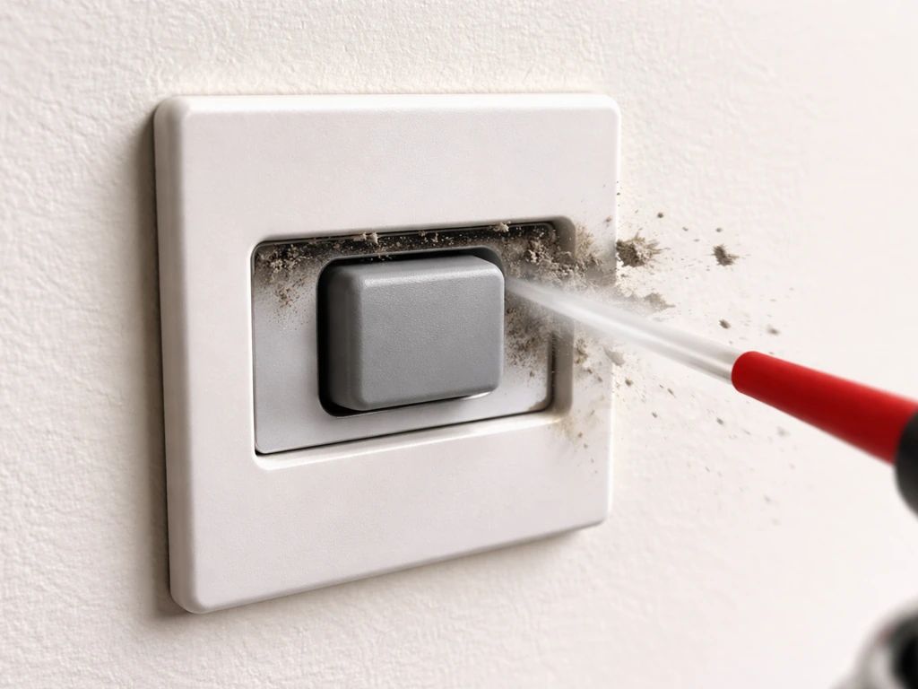 Close-up of a dirty push-button housing and slot being cleared with compressed air, dust lifting from the crevice.