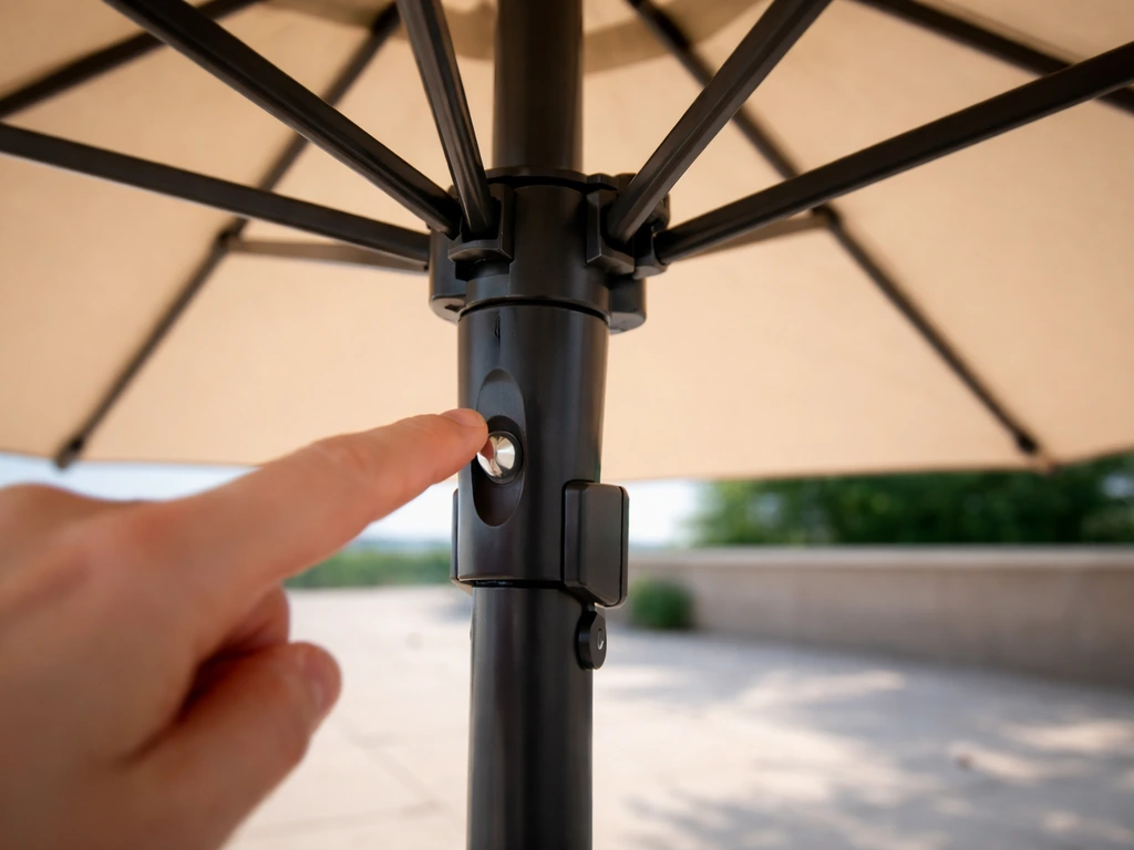 Open umbrella canopy with the tilt reset button pressed and lock pin alignment visibly improved.