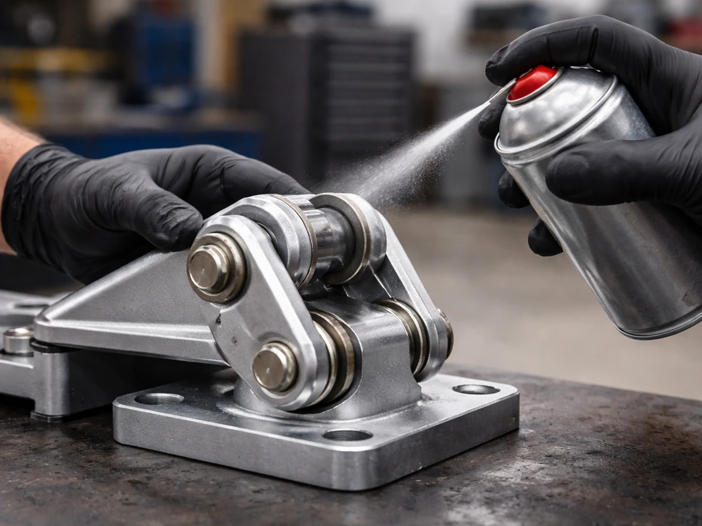 Reassembled tilt joint hub with silicone spray residue; tilt mechanism moving smoothly in an auto repair workspace.