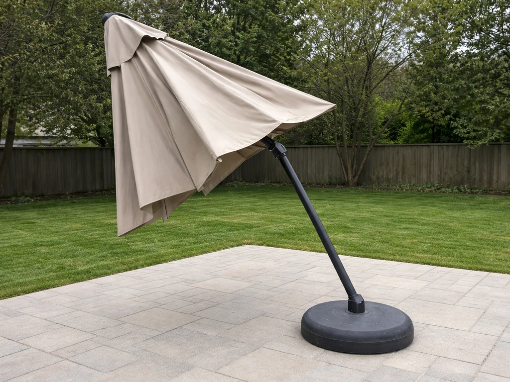 Tilted patio umbrella with a sagging, partially open canopy and an unstable-looking base on a backyard patio.