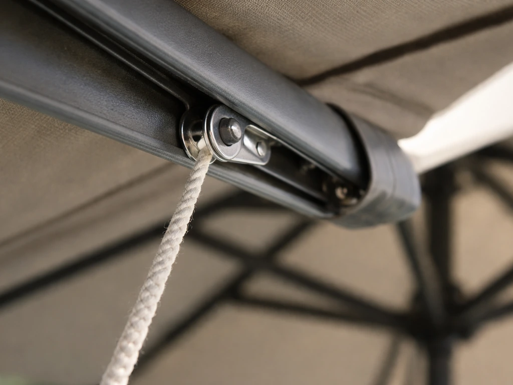 Closeup of an umbrella lifting cord pulled steadily over a pulley wheel with cord near the track