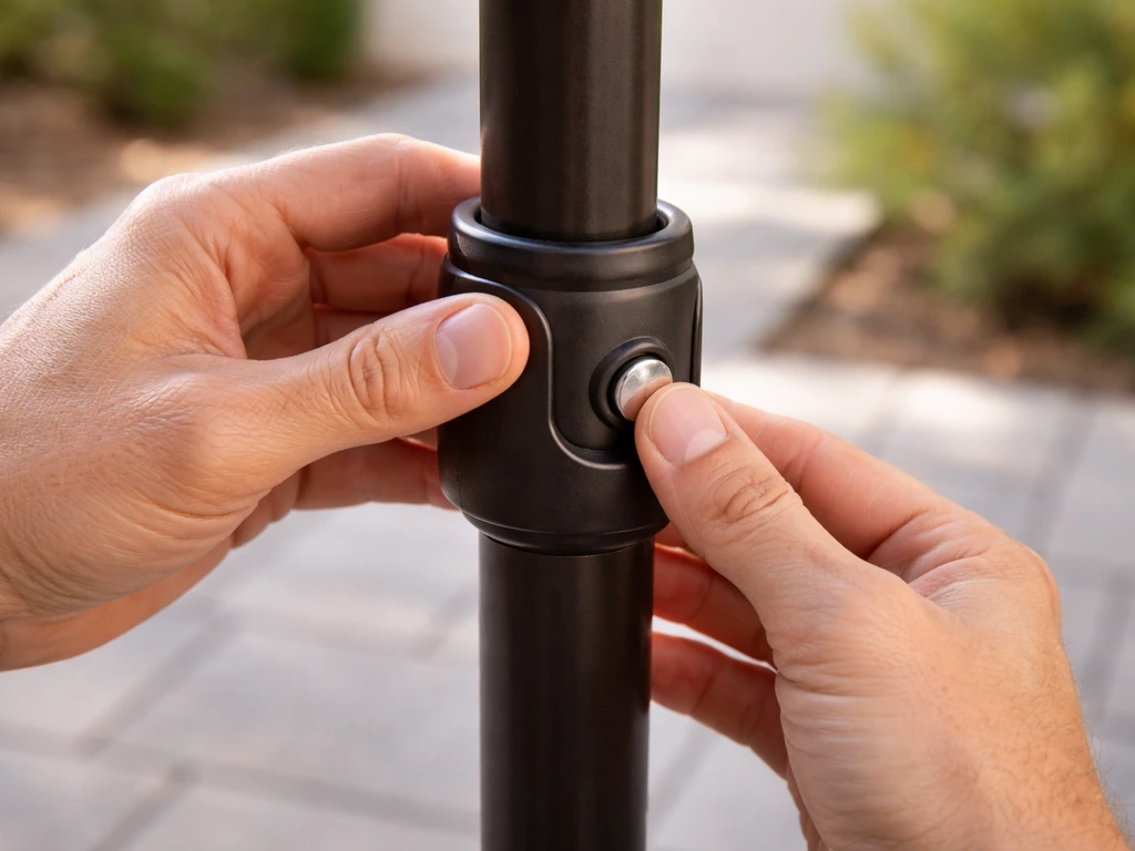 Hands pressing the tilt button and collar area on a patio umbrella base to fix wobble and uneven tilt.