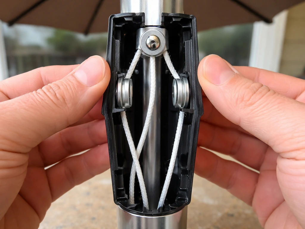 Opened patio umbrella pole showing lift cord routed around pulleys inside, with cord replacement clearly visible