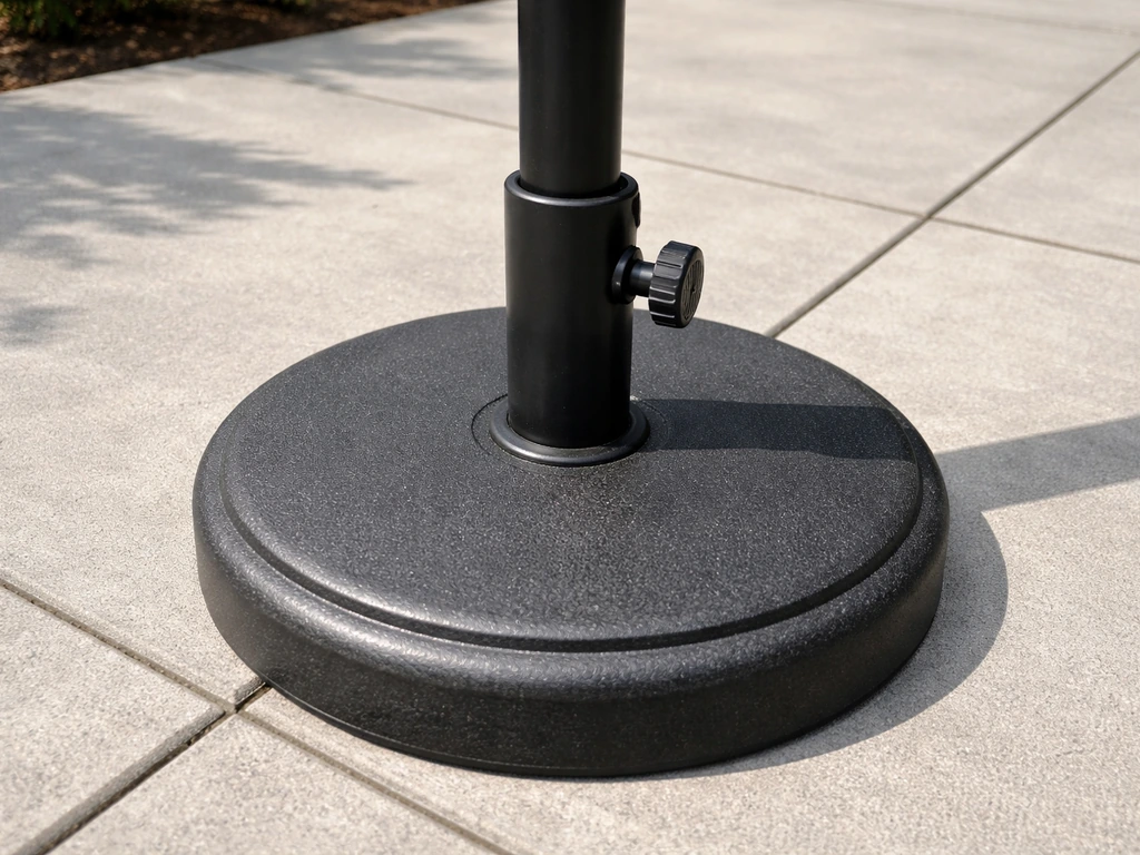 Outdoor umbrella pole fully seated in its base socket, locking knob engaged, showing stable wind-safe setup