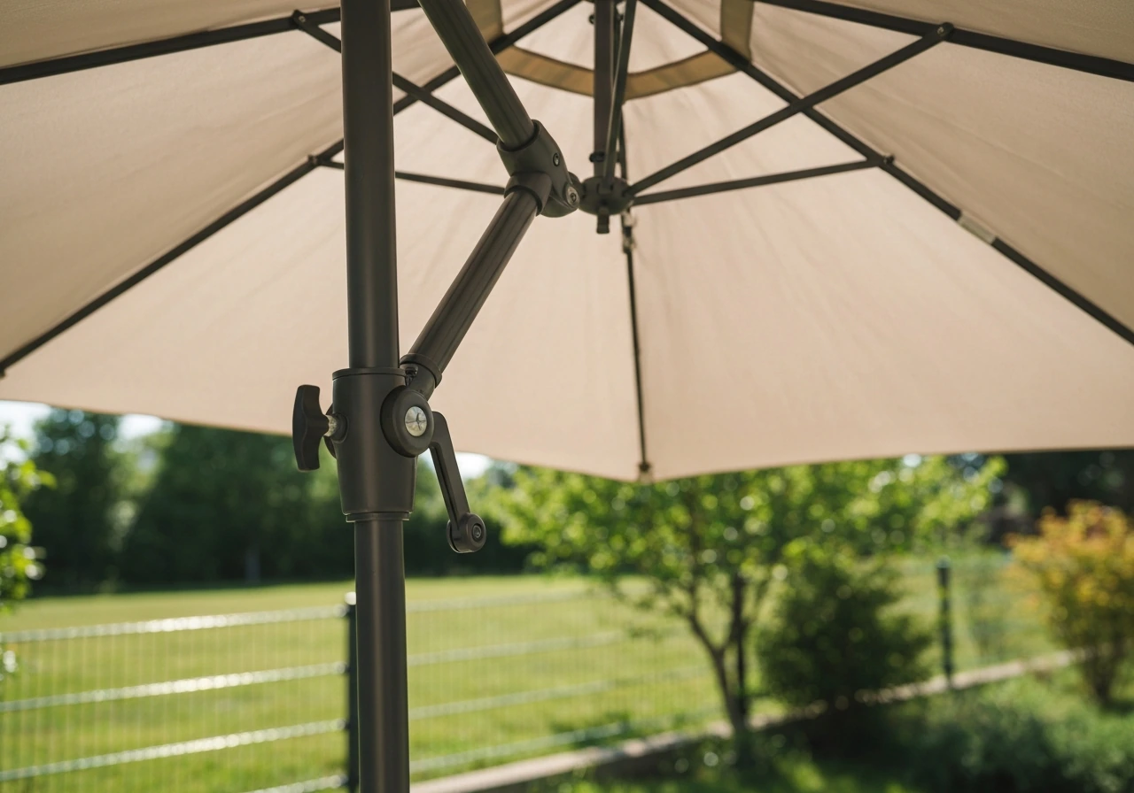 Auto-tilt patio umbrella partially tilted outdoors with tilt crank/cord area visible.