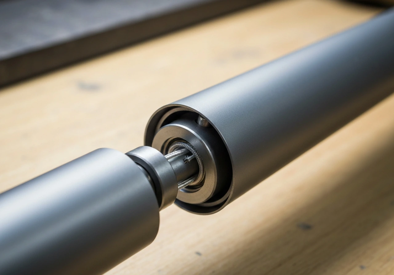 Close-up cutaway view of a split umbrella pole showing tilt hub, stop ring, pivot joint, and cord routing.