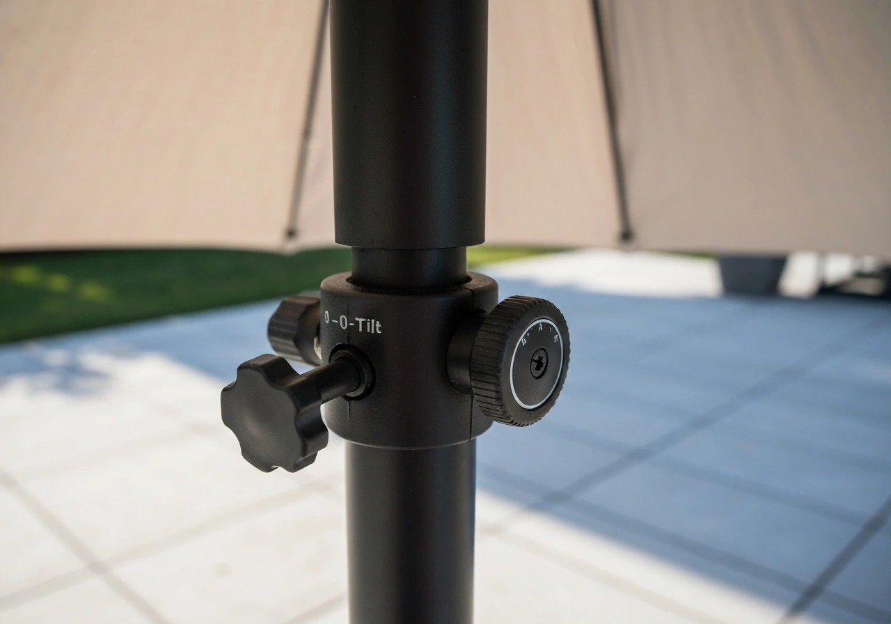 Close-up of a patio umbrella tilt knob on the pole with hardware and angle adjustment visible.