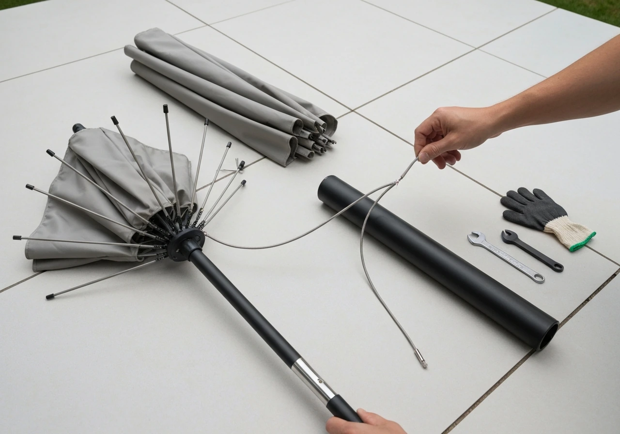 DIY repair of a broken outdoor umbrella cord with a replacement cord routed through the hub/pole.