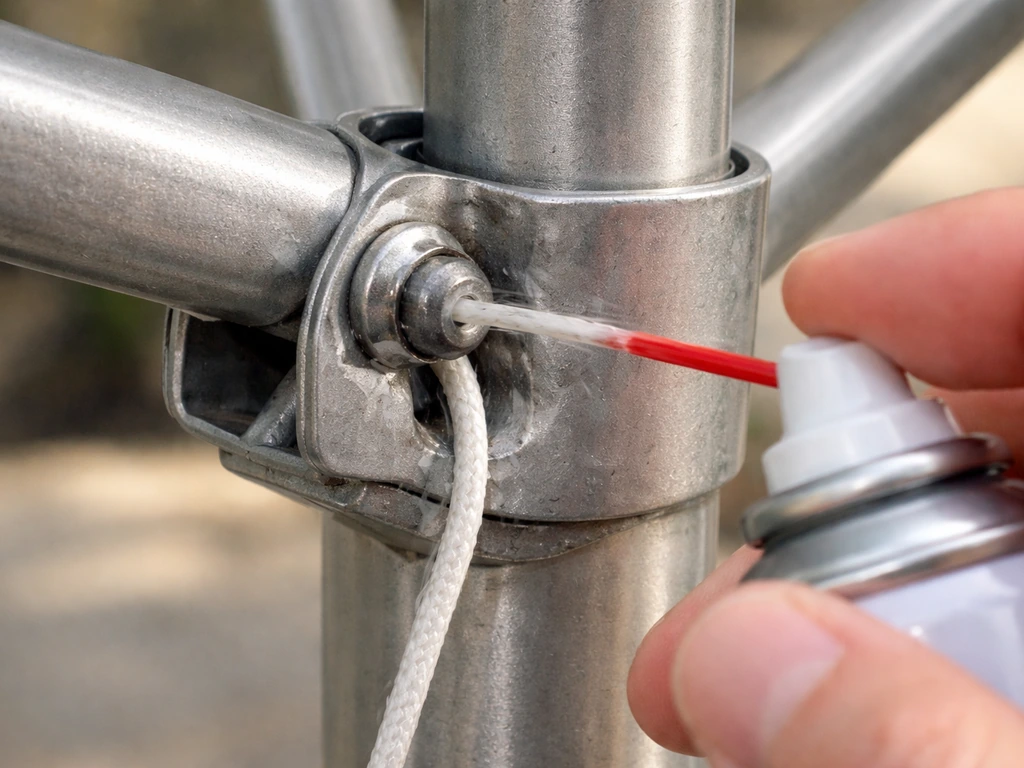 Close-up of a tilt collar being lubricated with dry silicone spray at the pivot pin and cord exit points.