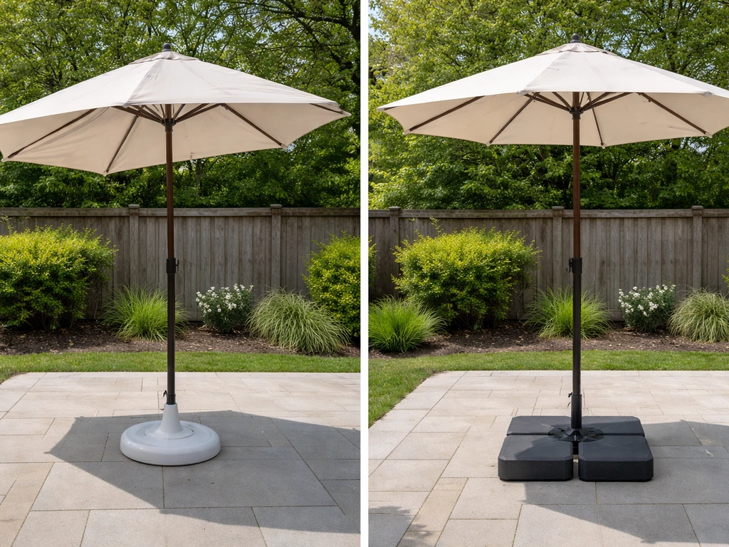Split view of two patio umbrella setups: light base blowing vs heavy base staying steady in wind.