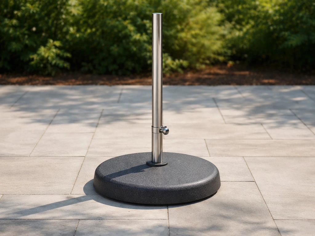 Center-pole patio umbrella with the pole centered over the base, photographed outdoors on a patio