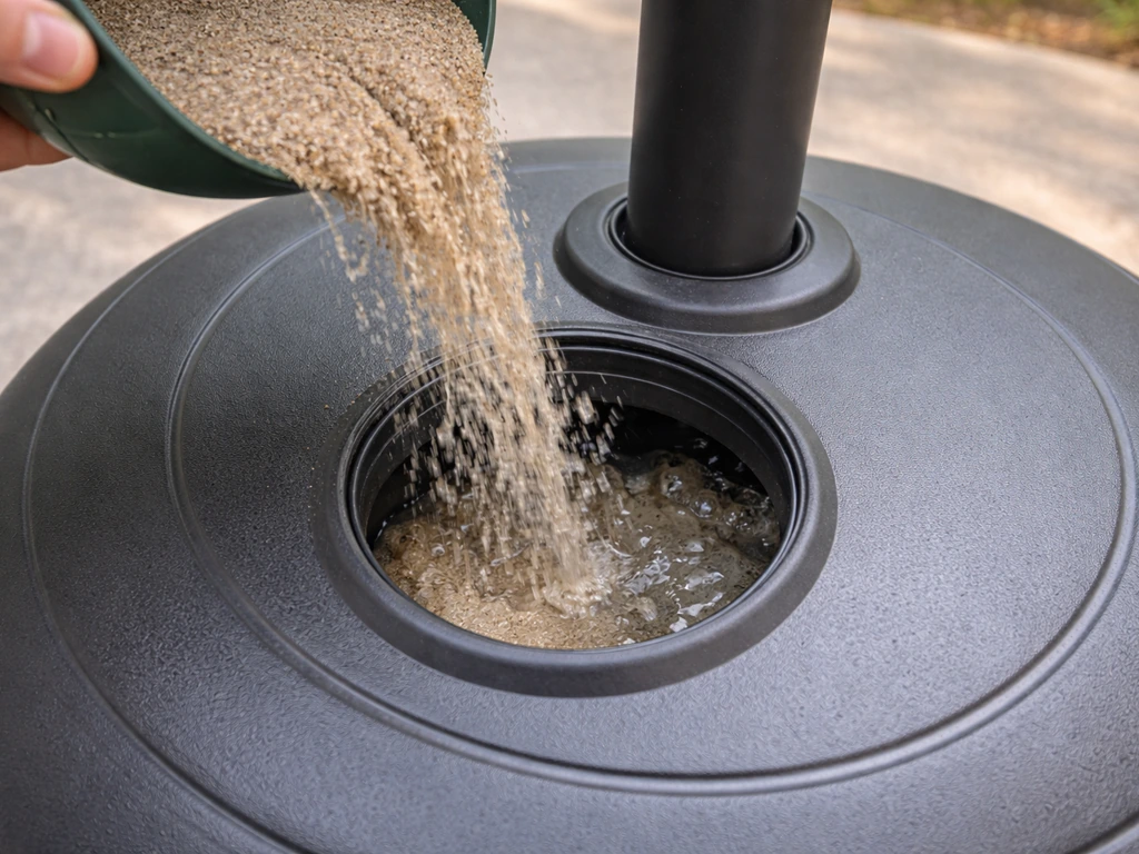 Close-up filling a plastic umbrella base through the top cap with sand and water