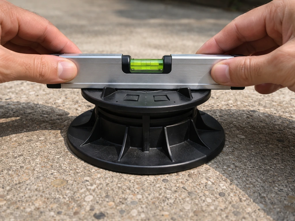 Hands use a bubble level on a patio base to confirm it’s level on concrete ground.