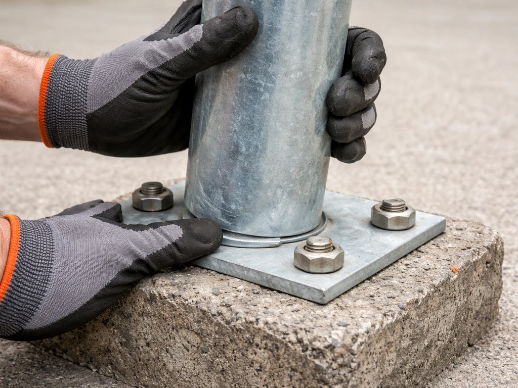 Close-up of a metal pole base on concrete with a technician’s hands gently testing side-to-side wobble