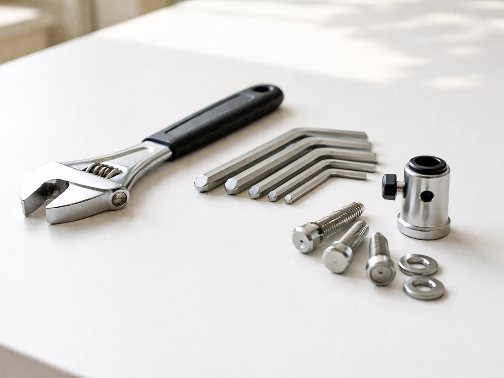 Adjustable wrench and hex/Allen keys laid out with umbrella base hardware on a clean surface.