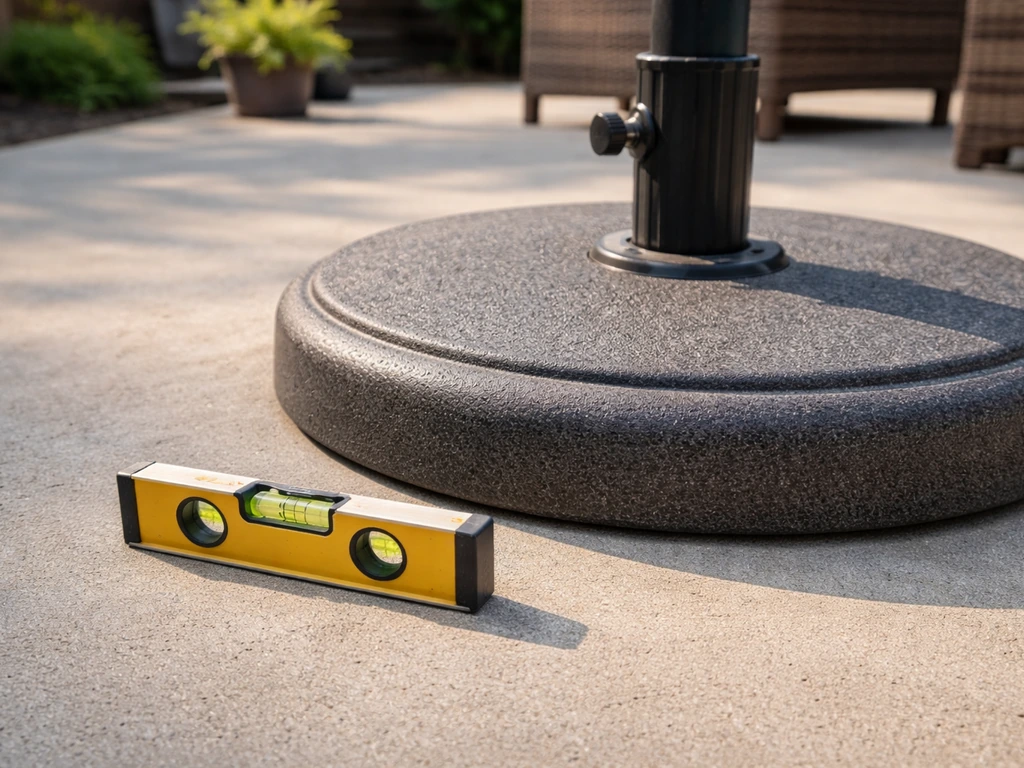 Bubble level on a patio concrete surface beside an umbrella base, showing the mounting area is being leveled.