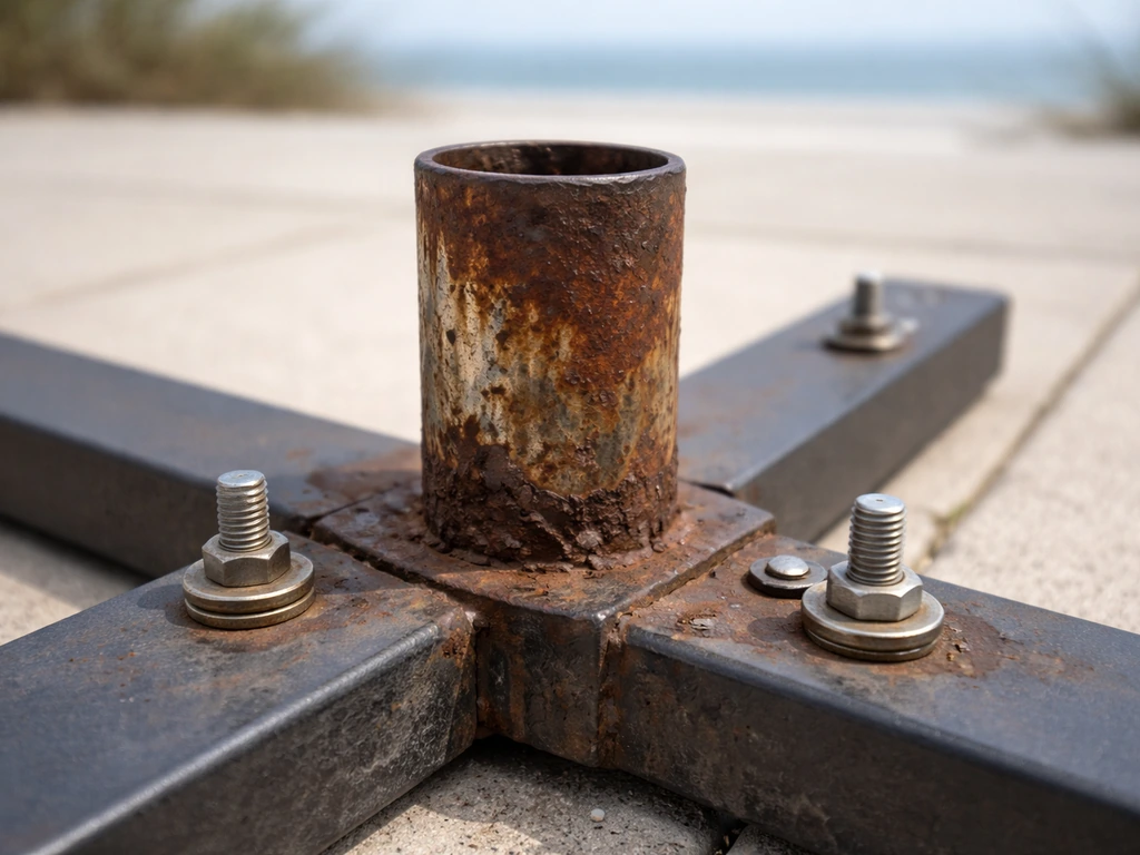 Close-up of an umbrella pole removed, exposing a rusted metal sleeve and mounting hardware on a base frame.