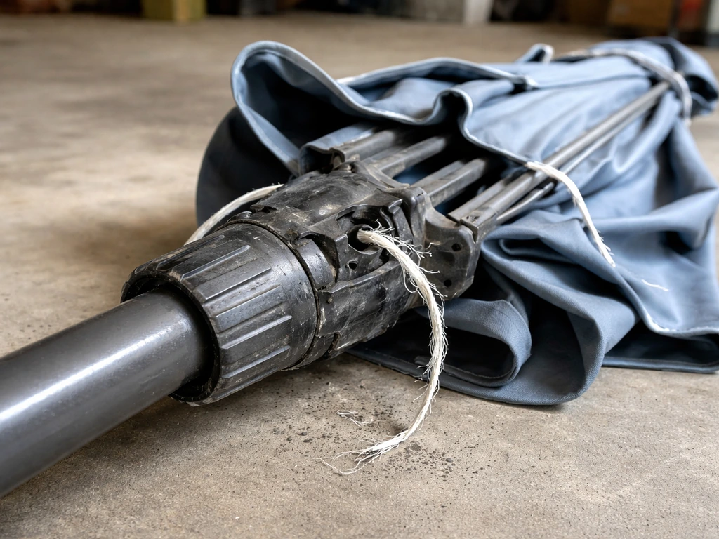 Close-up of a broken closed patio umbrella on a garage floor with damaged crank and lifted cord/ribs.