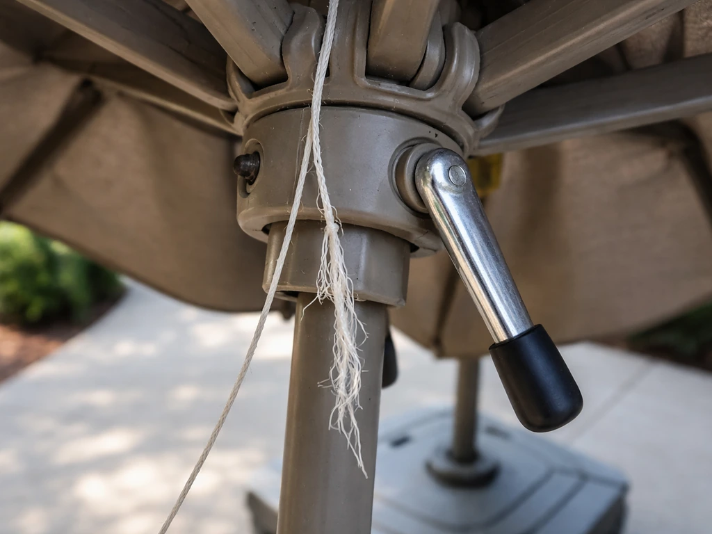Close-up of a crank umbrella hub with a frayed lift cord and canopy hanging low.