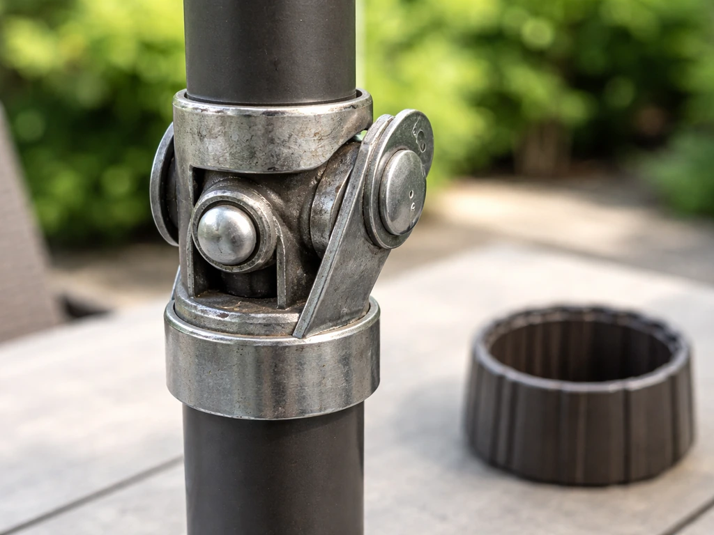 Close-up of a patio umbrella tilt collar area with collar removed, showing cleaning/repair components.