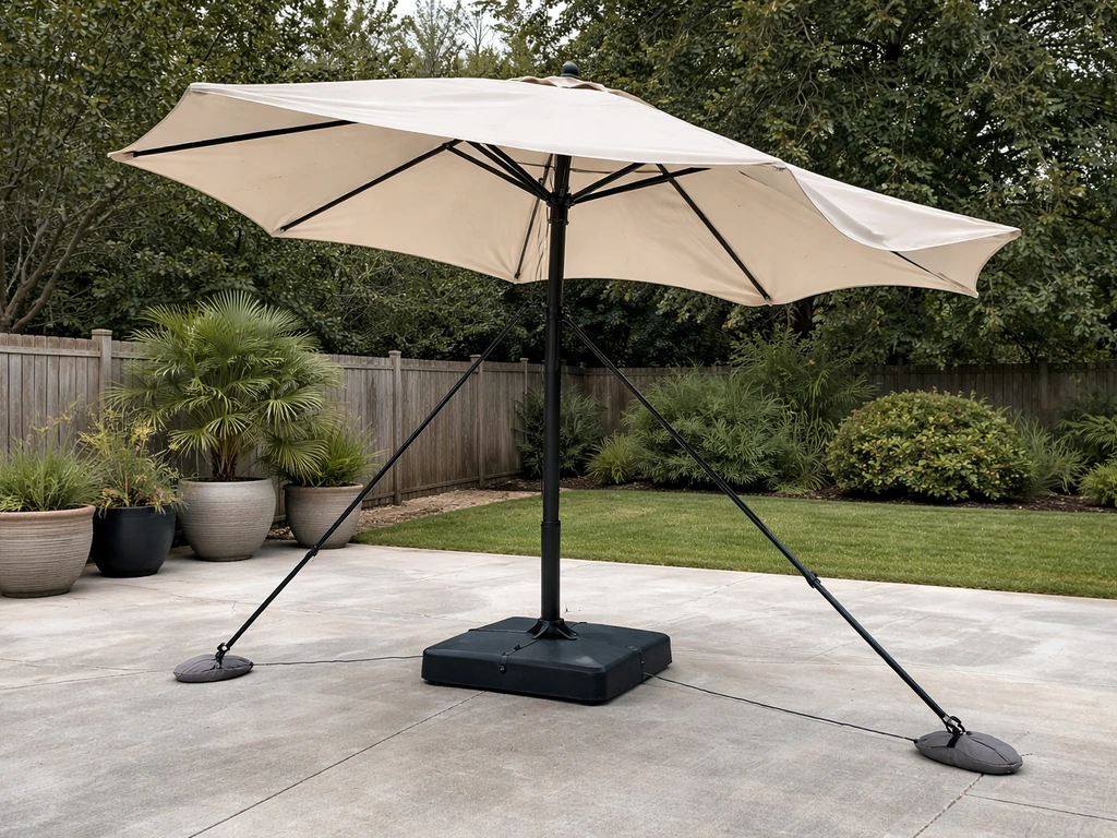Patio umbrella held steady in windy weather with a heavy base and taut tie-down straps.