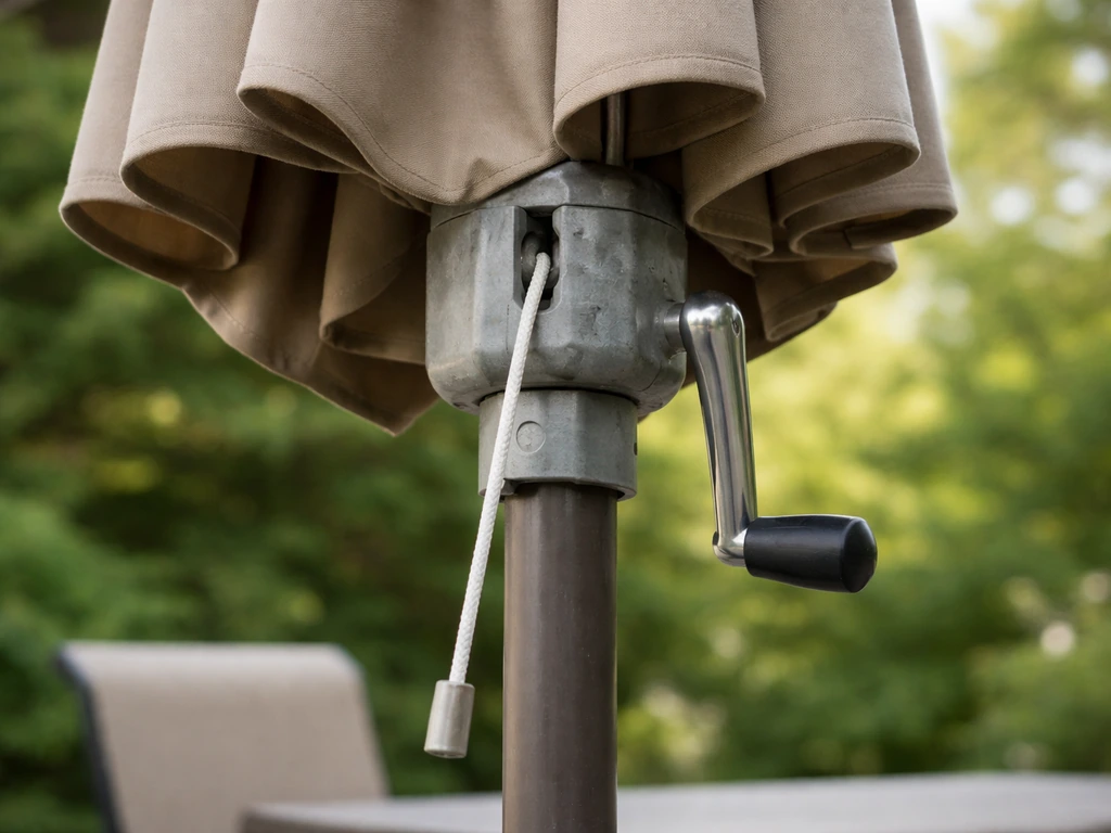 Patio umbrella close-up showing the visible pull cord and crank housing ready for repair