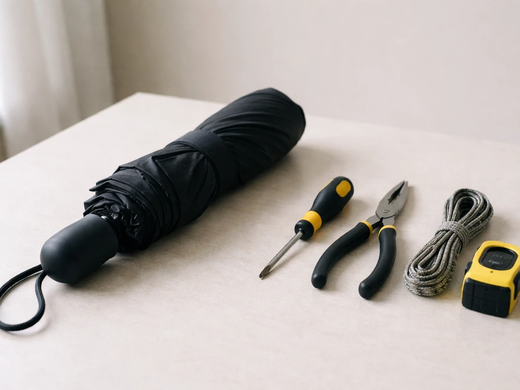 Tools laid out beside a closed, secured umbrella for safe cord repair.