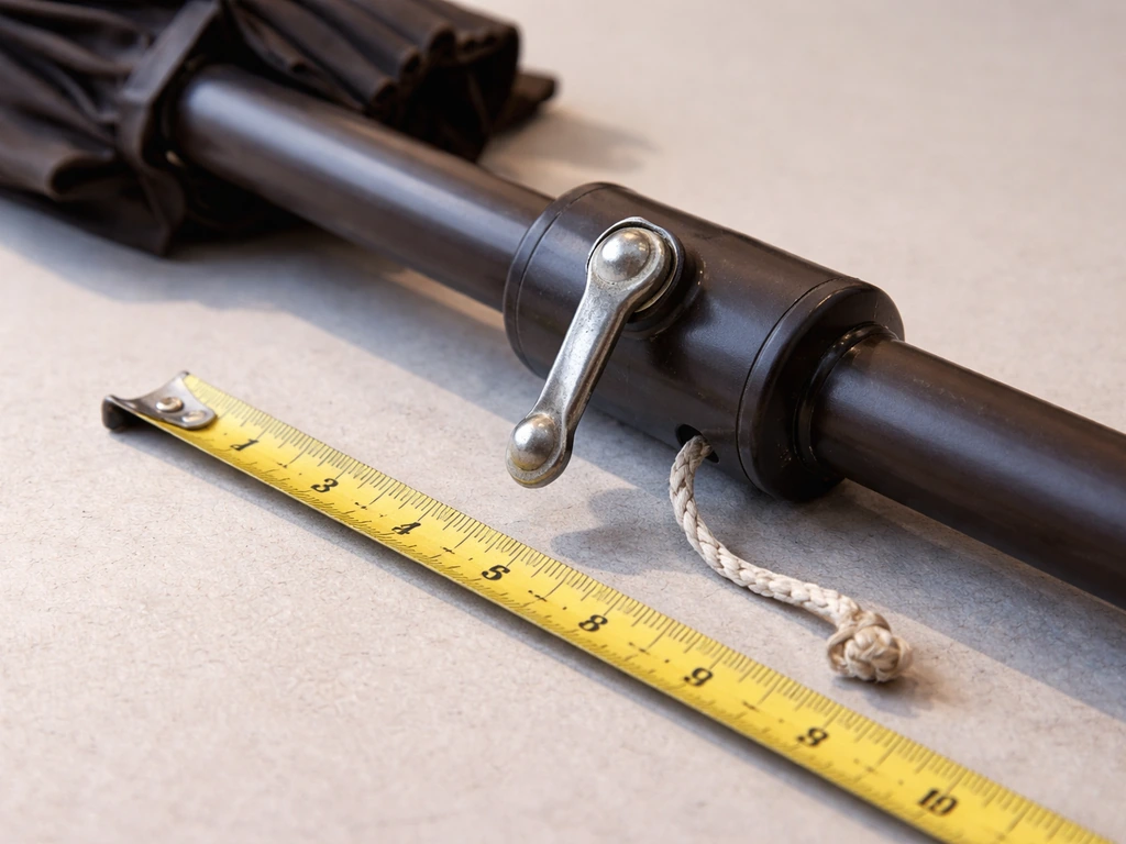 Side view of a center-pole crank umbrella showing the crank housing and cord attachment with measuring tape