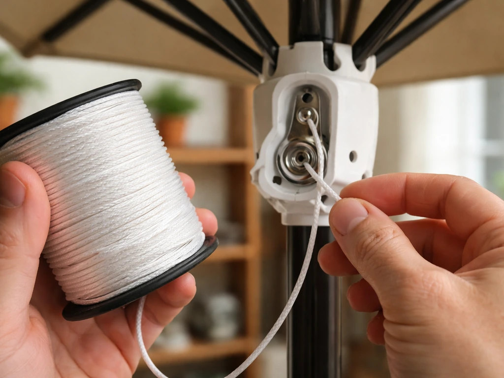 Hands routing a new braided nylon umbrella cord through small pulley guides after removing the old frayed cord.