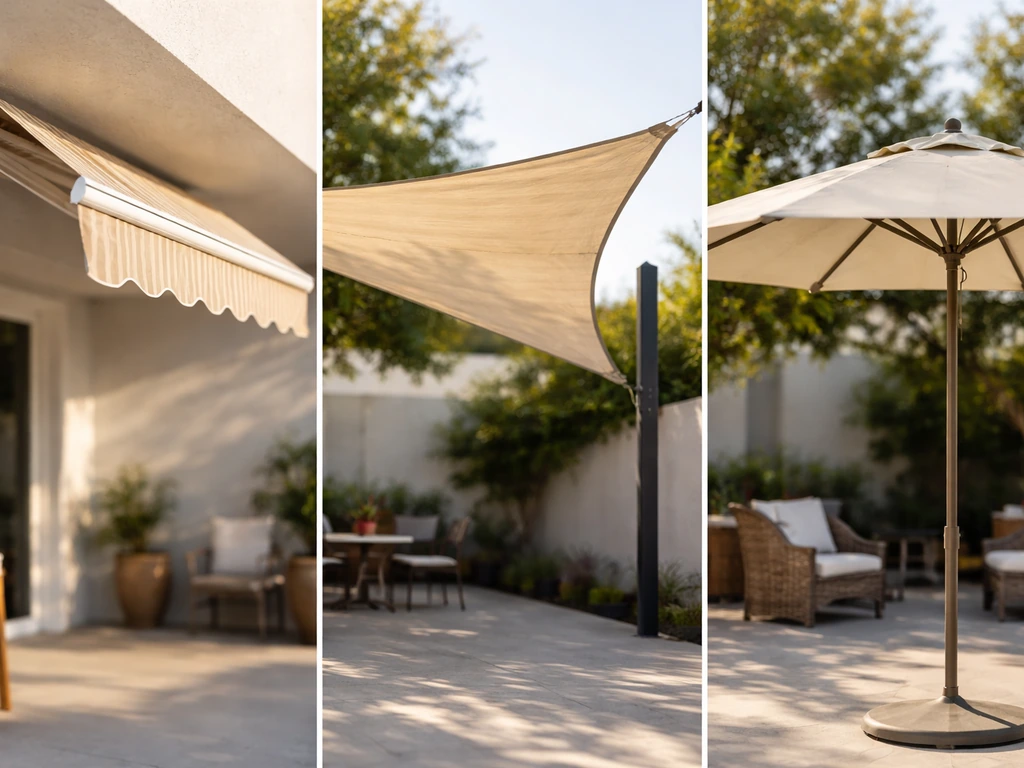 Close-up view of a retractable patio awning, a shade sail, and a manual umbrella in a simple backyard setting.