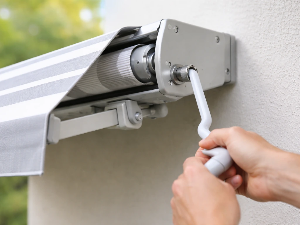 Hand crank awning being retracted, showing crank wand in the drive socket and roller housing.