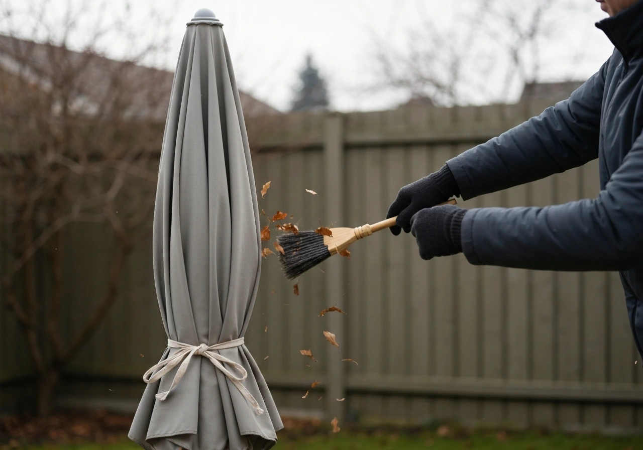 Gloved hand brushes dry leaves off a closed patio umbrella canopy, preparing it for winter storage.