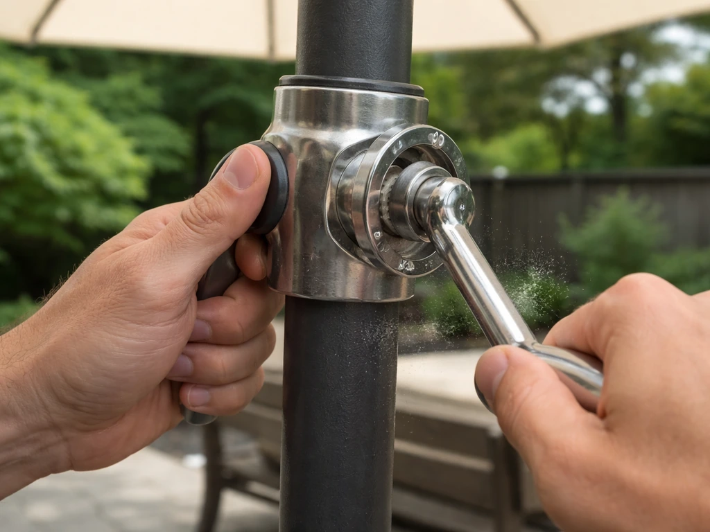 Close-up of hands turning a patio umbrella crank, canopy mechanism moving as grit is worked out.