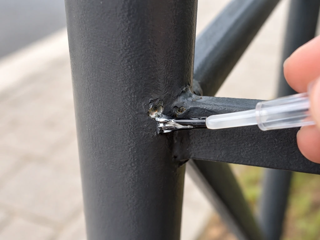 Close-up of a metal pole and ribs with touch-up paint applied to a chipped bare spot to prevent rust